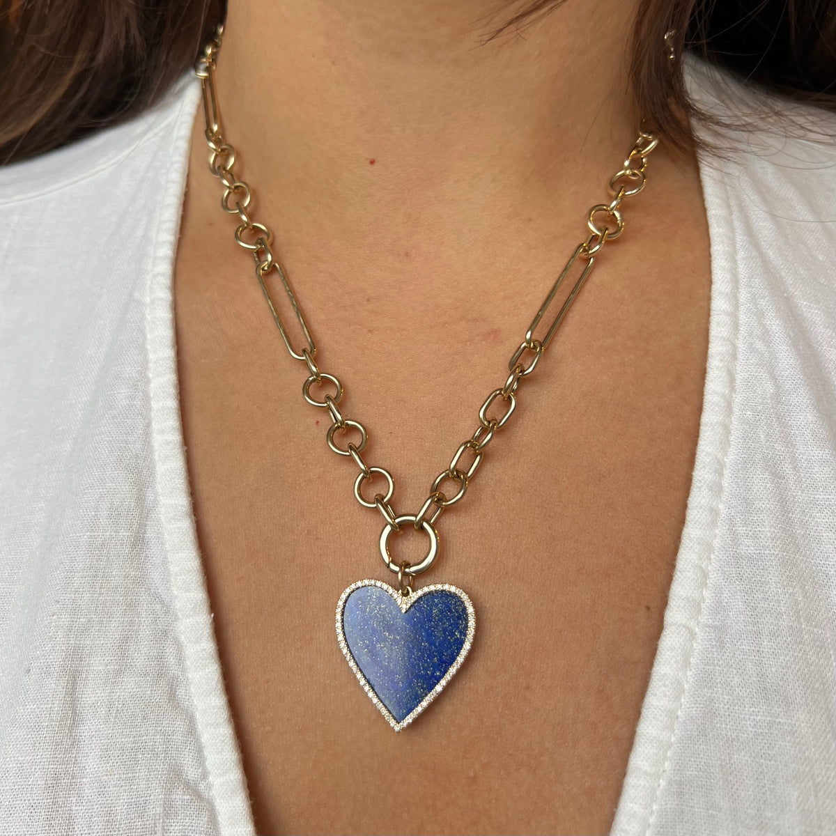 Gold Link Necklace with Lapis Heart Pendant