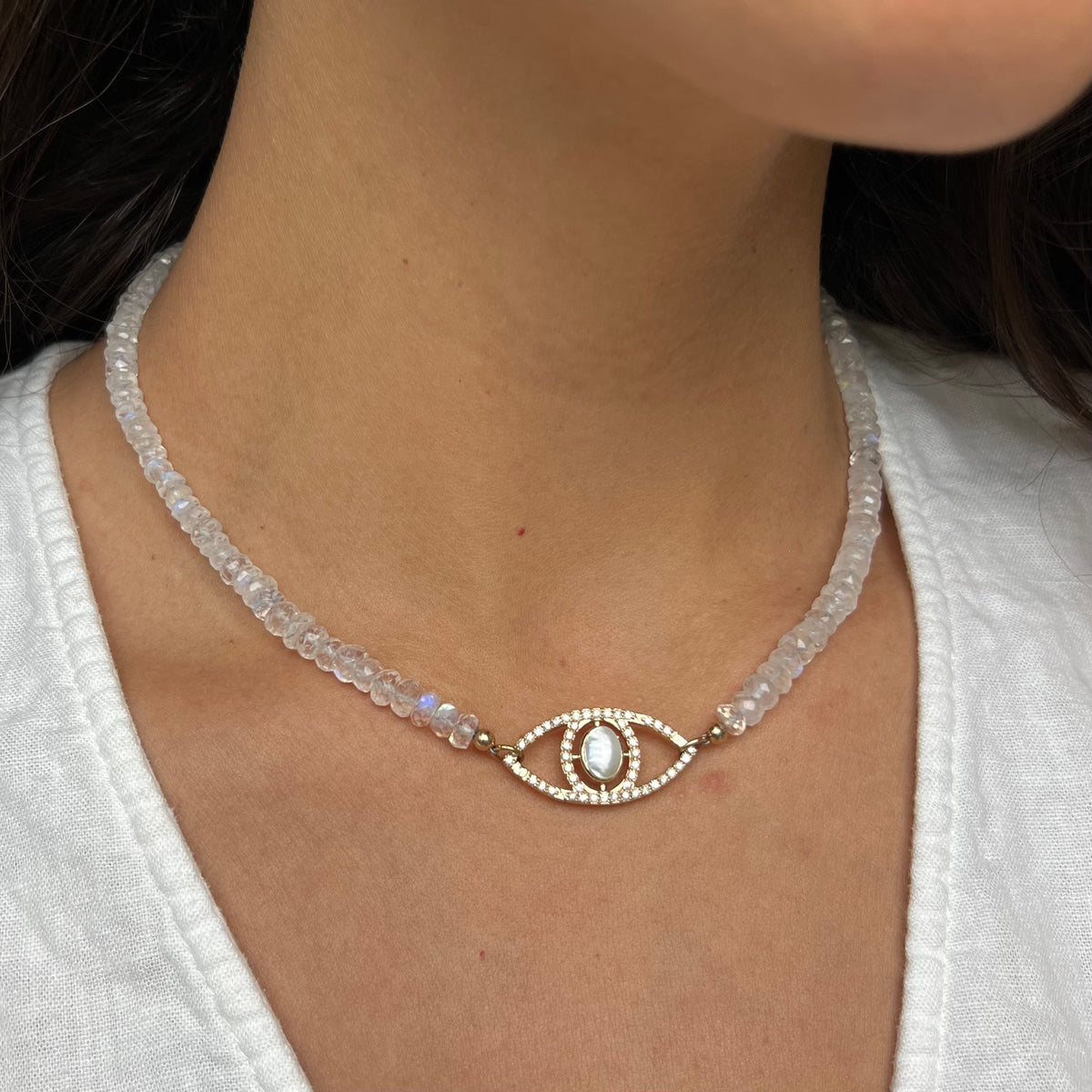 Moonstone Necklace with Pavé Evil Eye Clasp